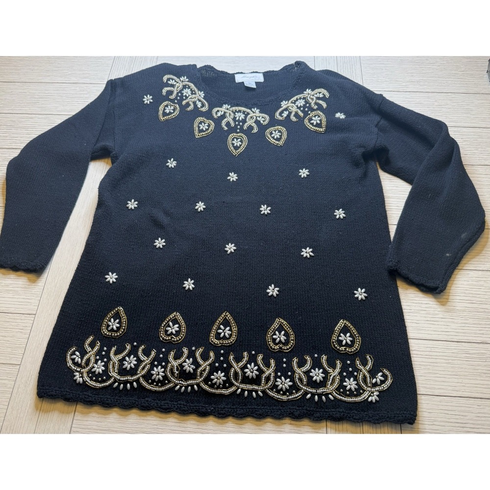Margules Black VTG Beaded Sweater Women L 3/4 Sleeves Festive Glam Retro Cotton